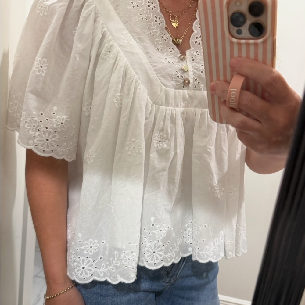 White Eyelet V-Neck Flutter Sleeve Blouse - Feminine Summer Top